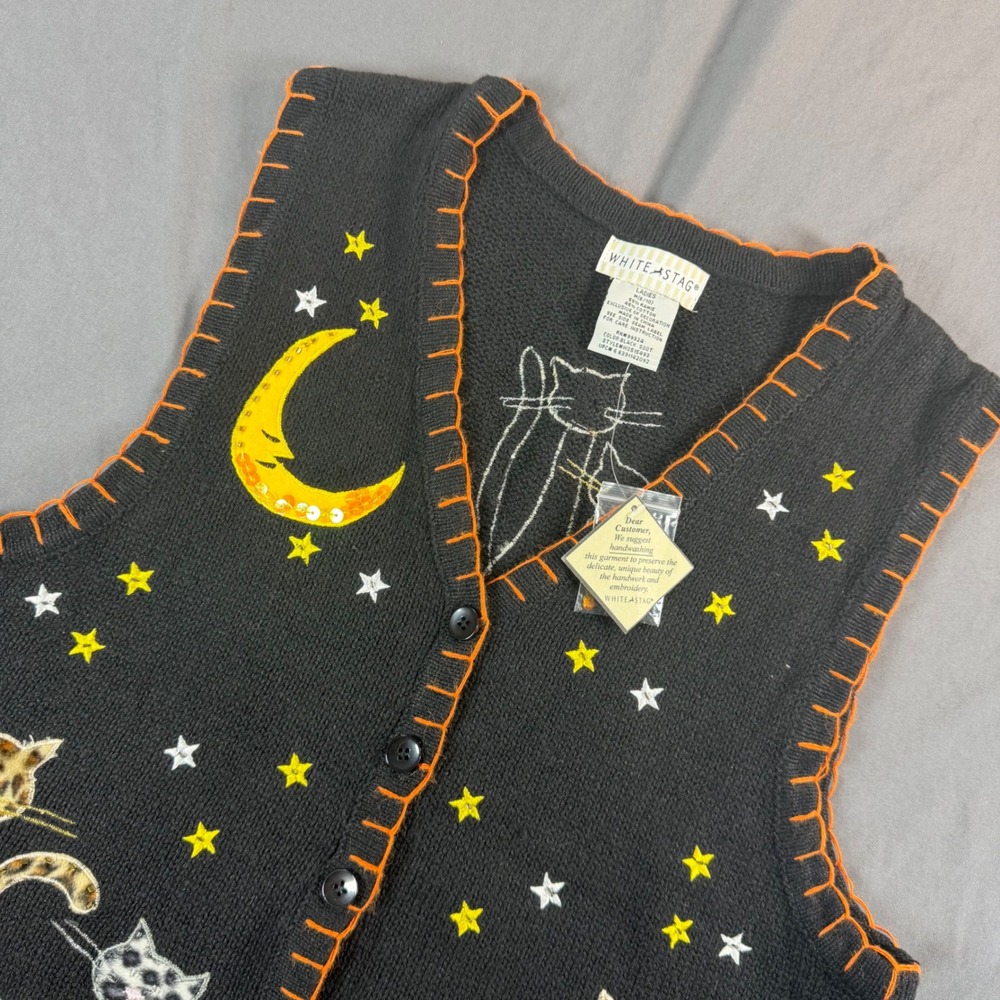 White Stag Halloween Cat Pumpkin Sweater Vest Black Orange Medium NWT